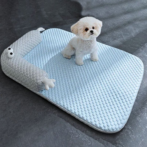bichon blanc assis sur coussin pour chien absorbant rafraichissant