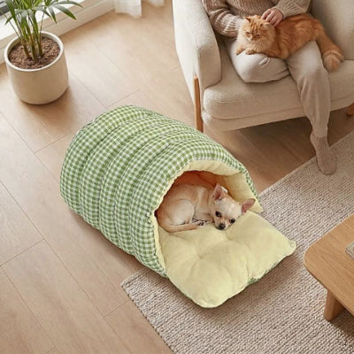 chihuahua couché dans grotte pour chien carreautin douillette