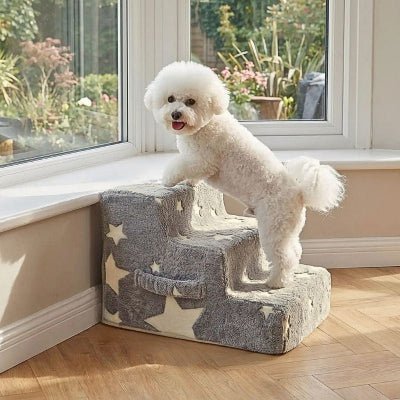 Bichon frisé montant sur escalier chien Lumiscalier 3 marches gris