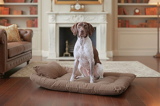 Braque allemand assis sur un grand couchage pour chien marron dans un salon luxueux
