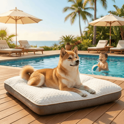 Shiba inu couché sur son lit pour chien au bord d'une piscine avec un enfant