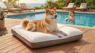 Shiba inu couché sur un lit pour chien blanc et gris de la collection sur le bord d'une piscine