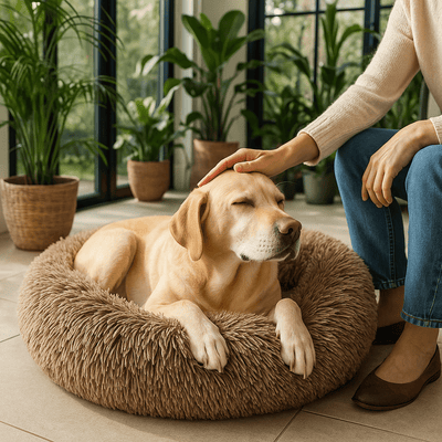 Labrador couché dans un panier pour chien avec sa maîtresse à côté qui le flatte