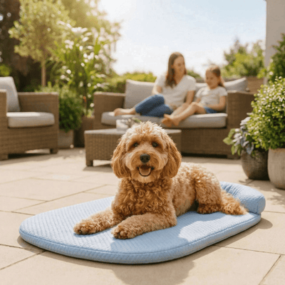 Cockapoo allongé sur un tapis bleu sur terrasse exterieure avec une maman et sa fille en arrière plan