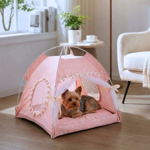 yorkshire terrer allongé dans tente chien rose coconelle