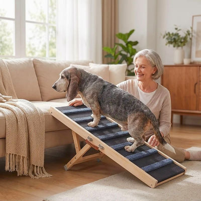 Basset montant une rampe pour chien Eskal antidérapante