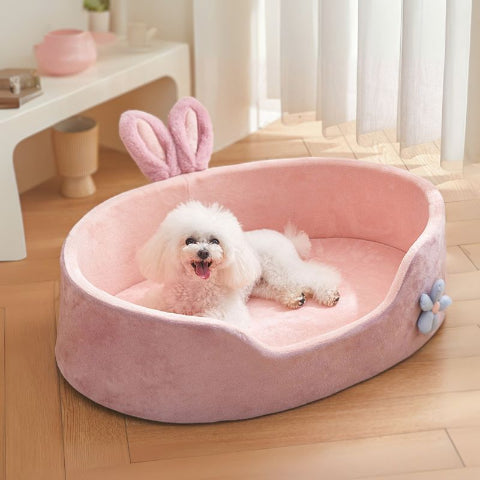 bichon allongé dans couchage chien rose rosi