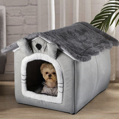 bichon assis dans niche chien intérieur grise chaleureuse