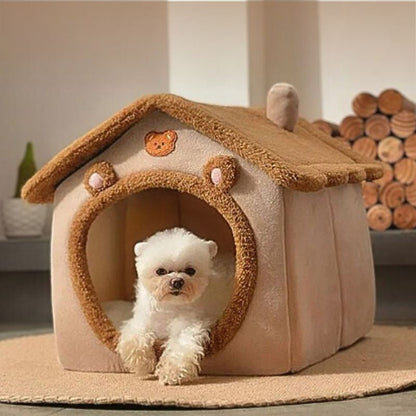 bichon blanc couché dans niche pour chien tissu oxford intérieur