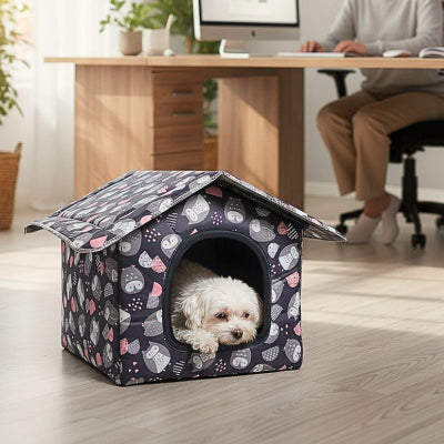bichon maltais couché dans niche d'intérieur pour chien doucilis noire 