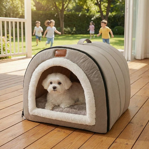 bichon maltais dans niche d'intérieur pour chien grise mimosa