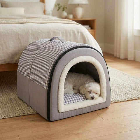 bichon maltais endormi dans niche pour chien intérieur grise imperméable