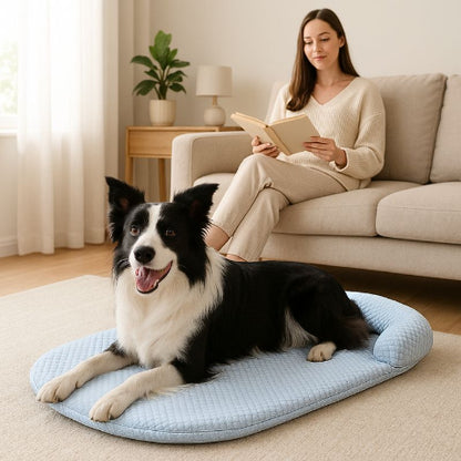 border collie allongé sur tapis rafraichissant et maîtresse qui lit derrière sur canapé