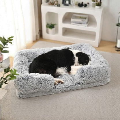border collie reposant dans panier chien gris clair rectangle