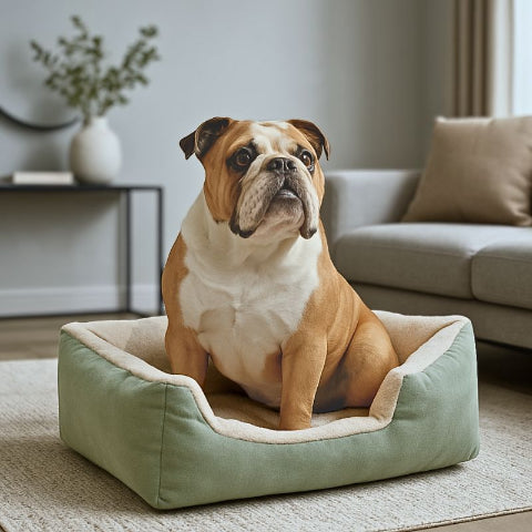 bouledogue anglais assis dans lit pour chien vert loulou