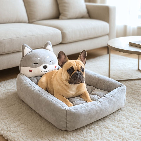 bouledogue français allongé dans couchage chien gris choupinou