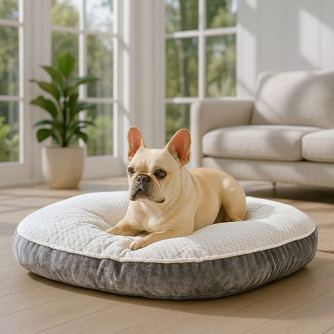 bouledogue francais couché sur matelas pour chien blanc gris nuagio