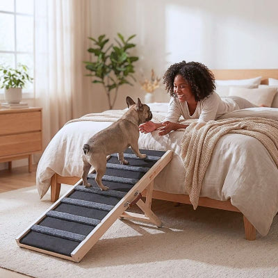 Bouledogue français montant une rampe pour chien Eskal polyvalente