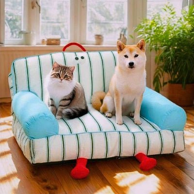 Shiba inu et un chat assis sur un canapé chien Rayola bleu et blanc antidérapant