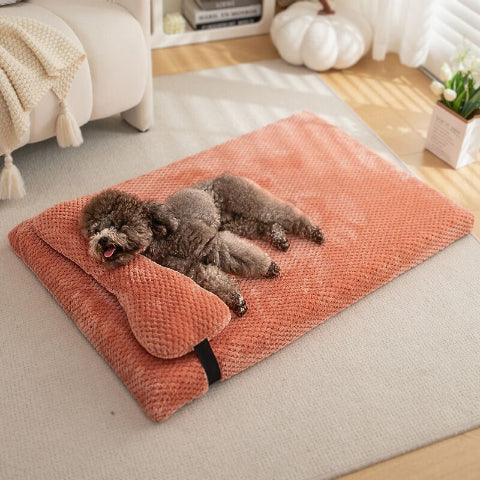 caniche allongé sur coussin déhoussable pour chien rose ducou