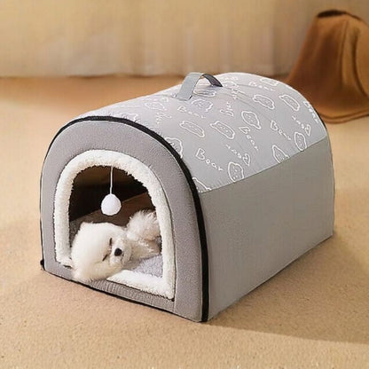 caniche blanc couché dans niche chien intérieur grise convertible