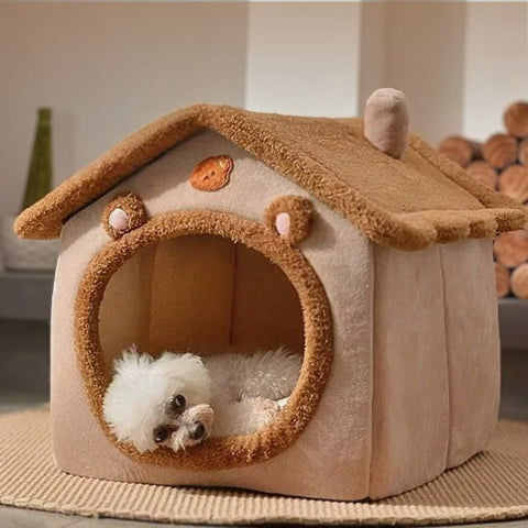 caniche blanc couché niche pour chien marron intérieur