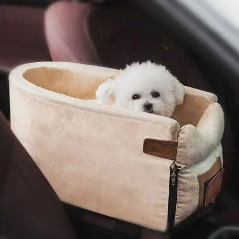 caniche toy blanc assis dans panier pour chien beige bagnole