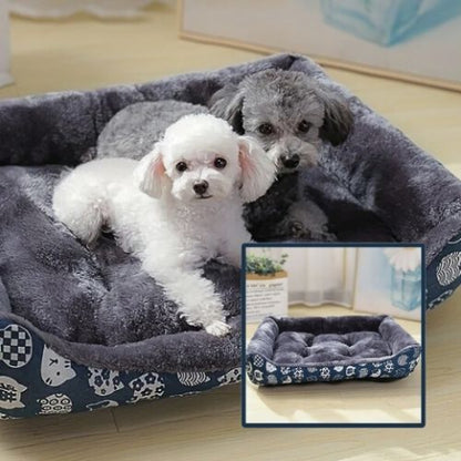 caniches allongés dans panier pour chien bleu foncé chouette