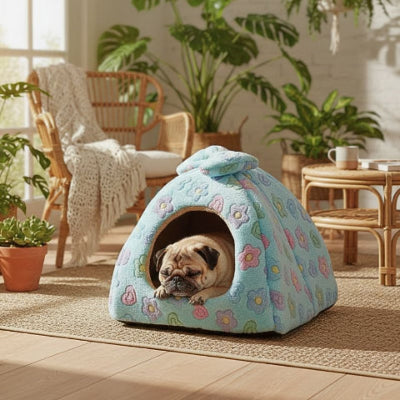 carlin couché dans grotte pour chien pasha bleu 