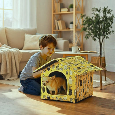 chihuahua dans niche d'intérieur pour chien doucilis jaune 
