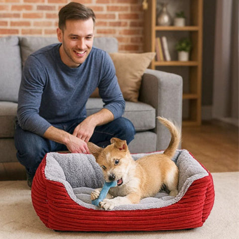 chiot shiba inu joue dans lit pour chien rouge toudou