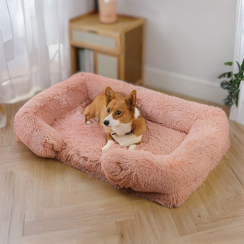 corgi allongé dans panier chien douillet rectangle