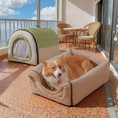 corgi allongé sur niche d'intérieur pour chien transformable veluna