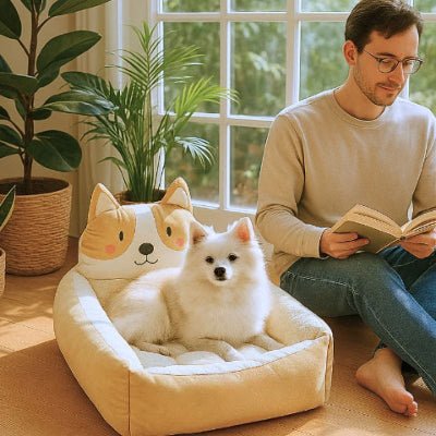 Spitz nain couché dans un couchage chien Choupinou beige avec rebord rembourré