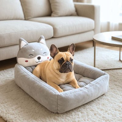 Bouledogue français dans un couchage chien Choupinou gris avec tissu résistant