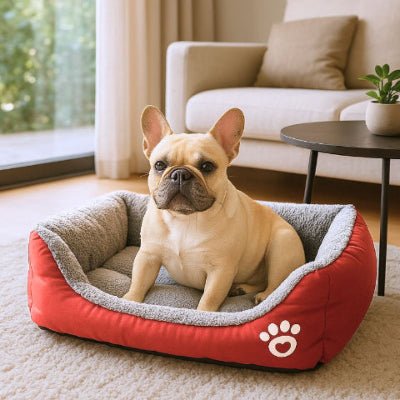 Bouledogue français assis dans couchage chien Cozy rouge avec entretien facile
