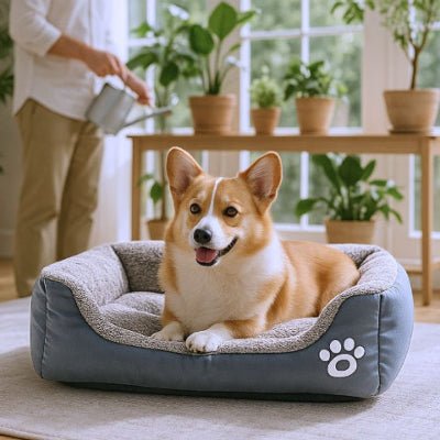 Corgi couché dans un couchage chien Cozy gris avec design élégant