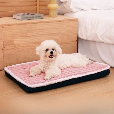 Caniche toy sur coussin chien déhoussable Divague rose en polyester coton et lin