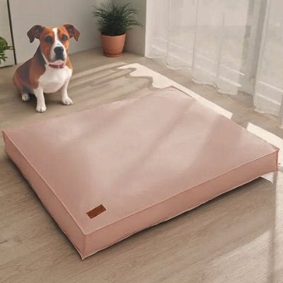 Beabull assis près du coussin pour chien déhoussable Respiro rose en microfibre