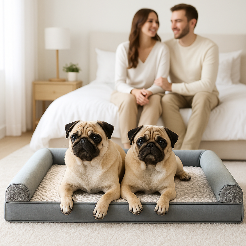 deux carlins couchés sur coussin dans chambre à coucher avec maîtres derrière sur lit