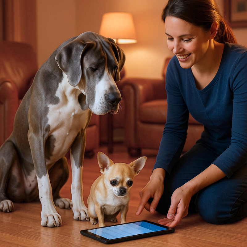 dogue allemand chihuahua et maîtresse consultent tablette sur plancher salon