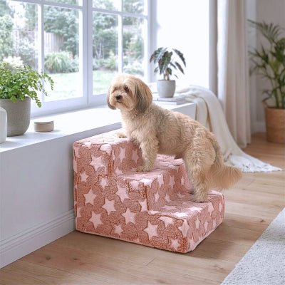 Lhassa apso montant escalier chien Estoilier rouge avec des étoiles de 3 marches