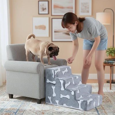 Carlin descendant un escalier chien Patachon gris avec des os 4 marches