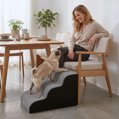Carlin montant un escalier en mousse pour chien Neo gris lavable en machine

