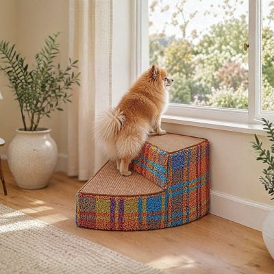 Poméranien sur un escalier pour chien âgé Ravelle 2 marches antidérapant lavable
