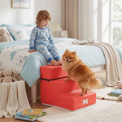 Poméranien montant un escalier pour chien Escalou rouge en simili cuir PU
