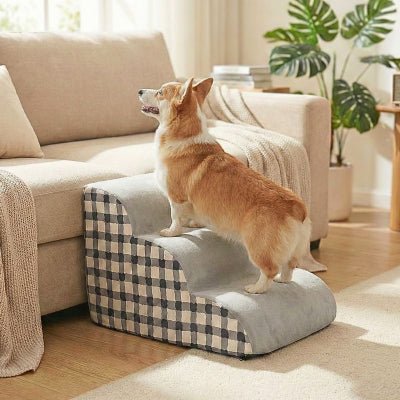 Corgi montant un escalier pour chien Grimpou de trois marches noir