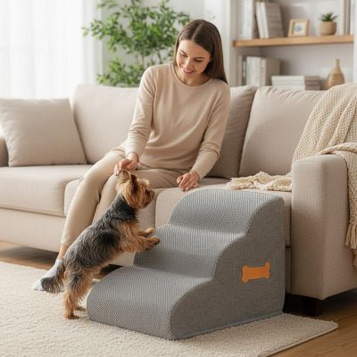 Yorkshire terrier pattes avant sur un escalier pour chien Hophop gris 3 marches
