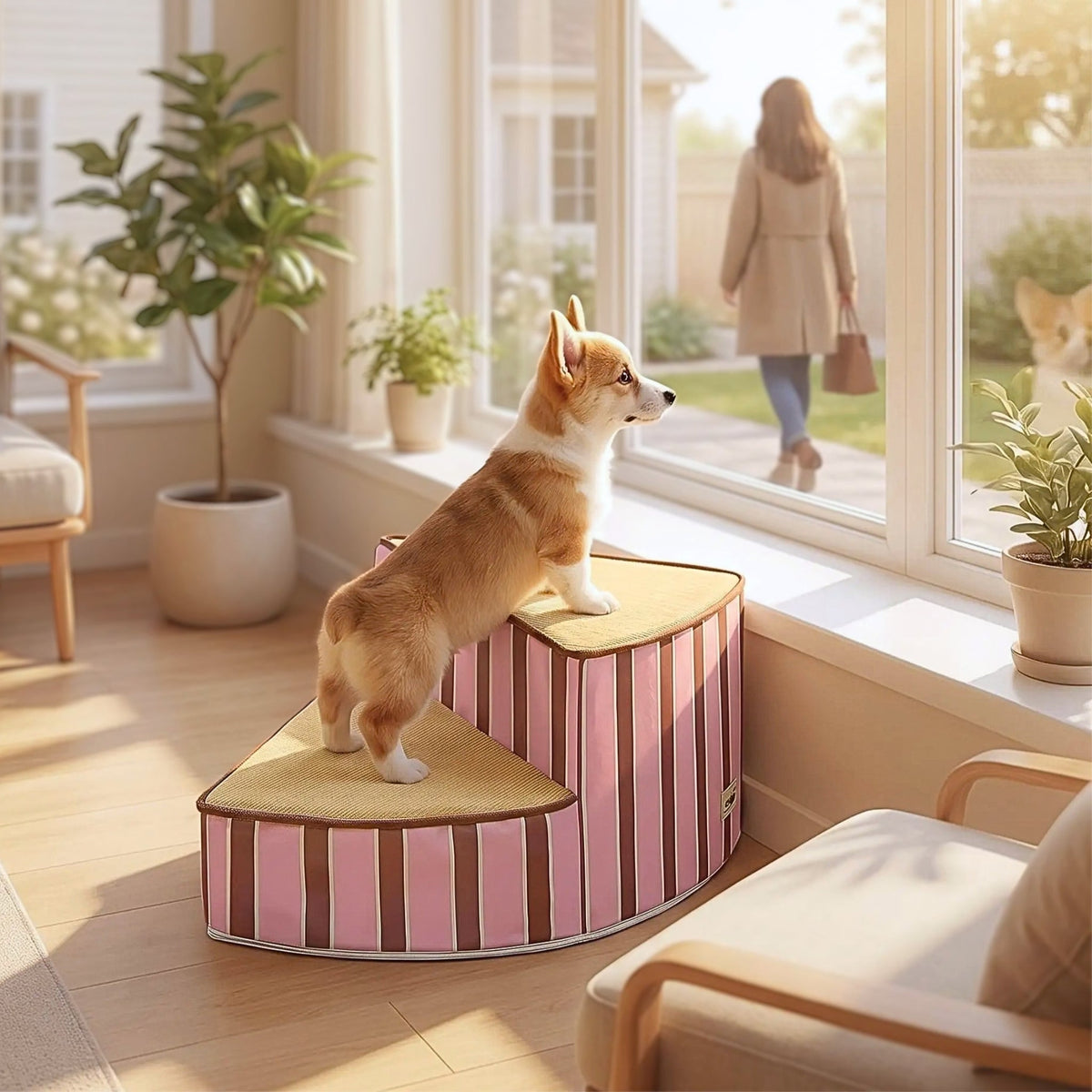 Corgi sur un escalier pour petit chien Virelle qui regarde à l'extérieur