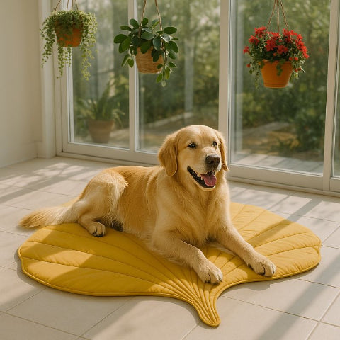 golden retriever allongé sur tapis pour chien jaune farfel
